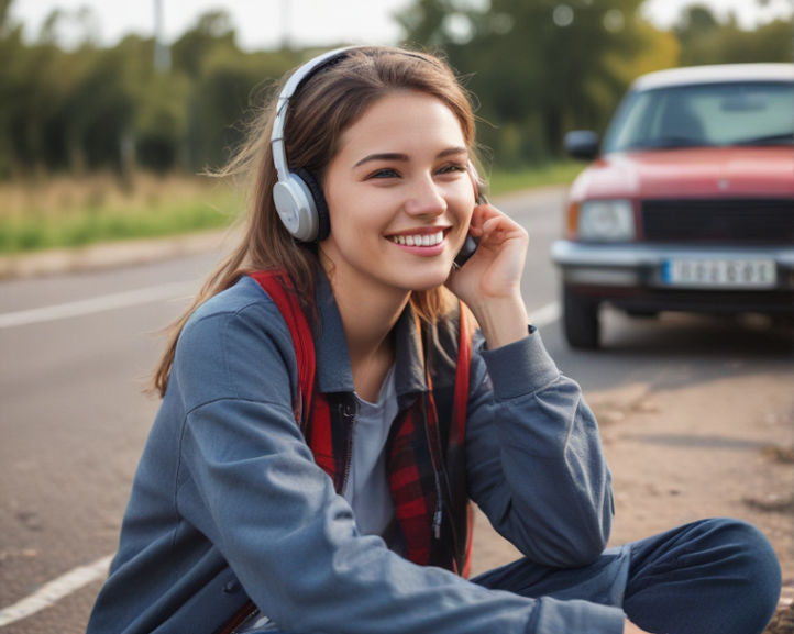 A person sits on the roadside next to their broken-down car, wearing earphones and a contented smile as they listen to music on their smartphone.