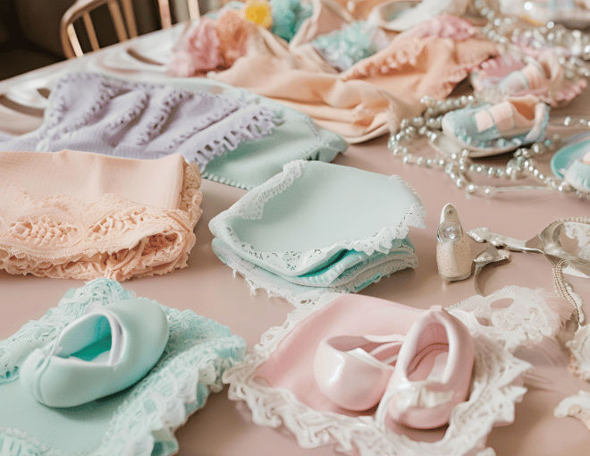 Baby blankets, silver spoons, and tiny shoes are neatly arranged on a table adorned with delicate lace, surrounded by smiling guests and pastel decorations.