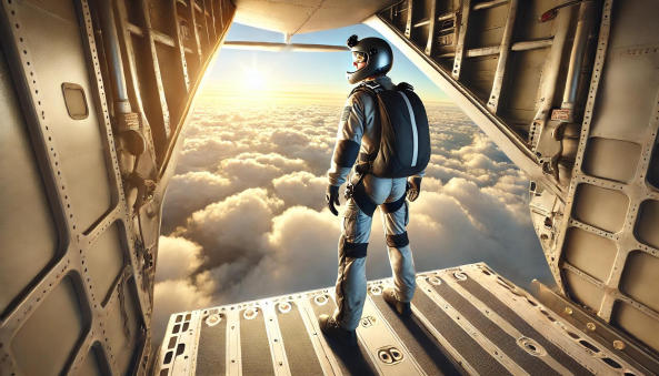 Skydiver stands at plane door, ready to jump into clouds.