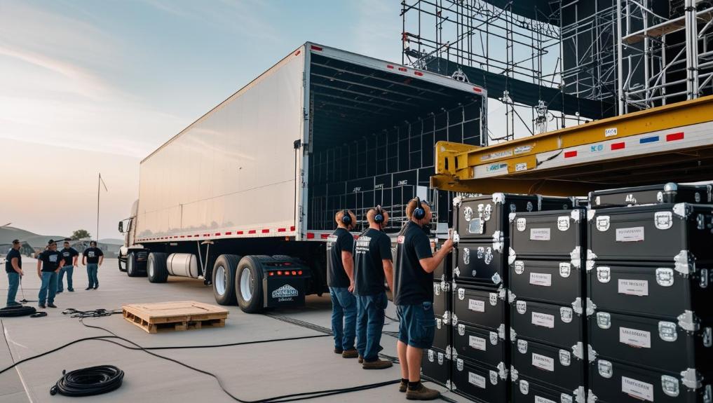 Truck unloading stage equipment at sunrise before live concert stage is built.