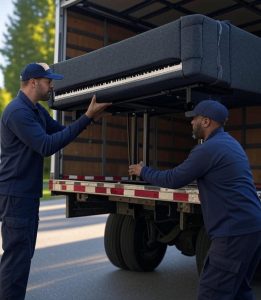 professional movers lifting a grandpiano