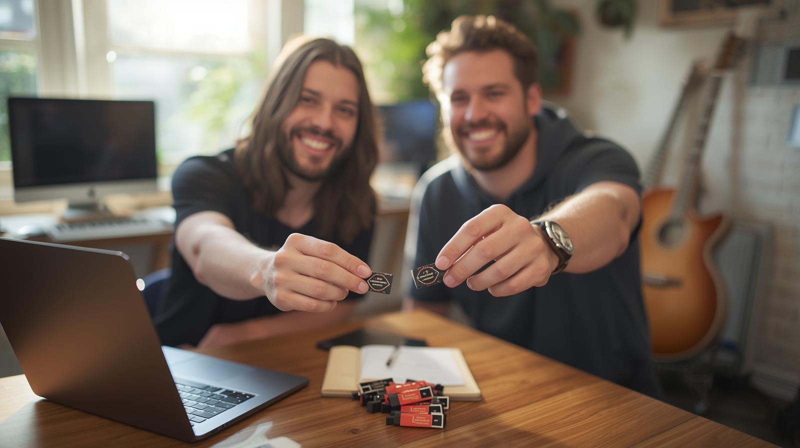 Two indie musicians smiling while sharing custom printed USBs in bright studio.