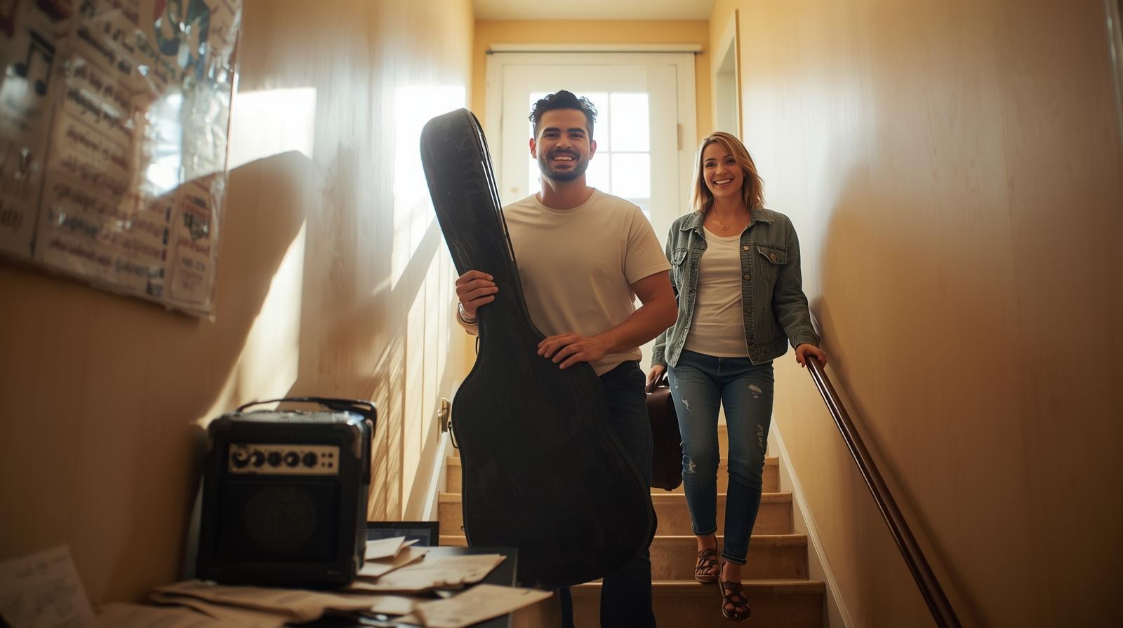 Mover carries a guitar in a sunny, cozy Queens apartment stairwell.