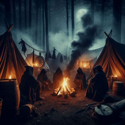 Dark medieval campfire scene inspired by Diablo II